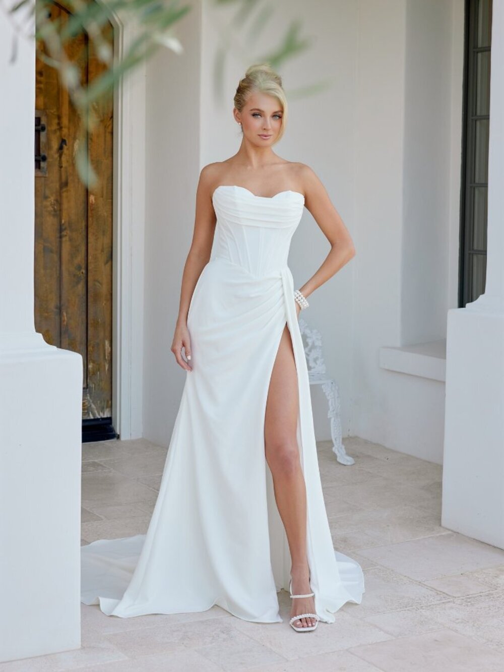 New Elegant Off White Ceremonial Wedding Satin Gown w/ Draped Details NX JE1083